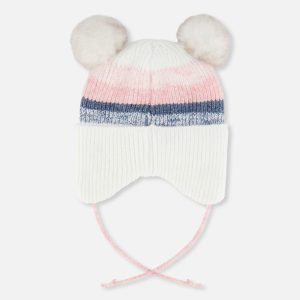 Baby Winter Knit Hat With Ear Flaps And Pompoms Off-White, Pink And Blue - Image 3