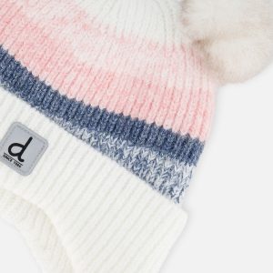 Baby Winter Knit Hat With Ear Flaps And Pompoms Off-White, Pink And Blue - Image 4