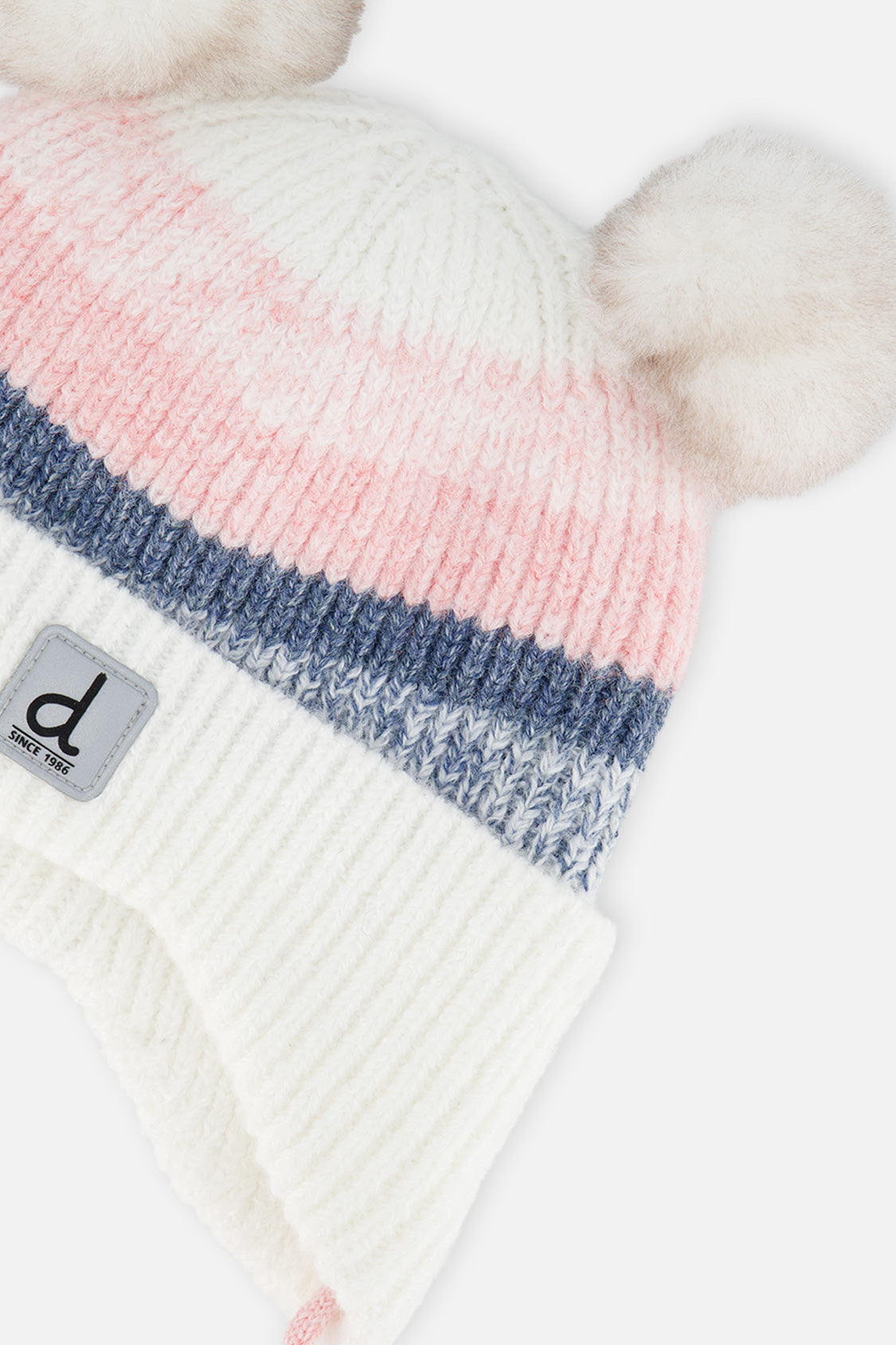 Baby Winter Knit Hat With Ear Flaps And Pompoms Off-White, Pink And Blue - Image 4