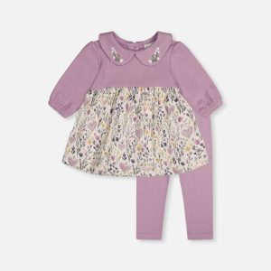 Organic Cotton Dress And Legging Set Beige With Heart Print