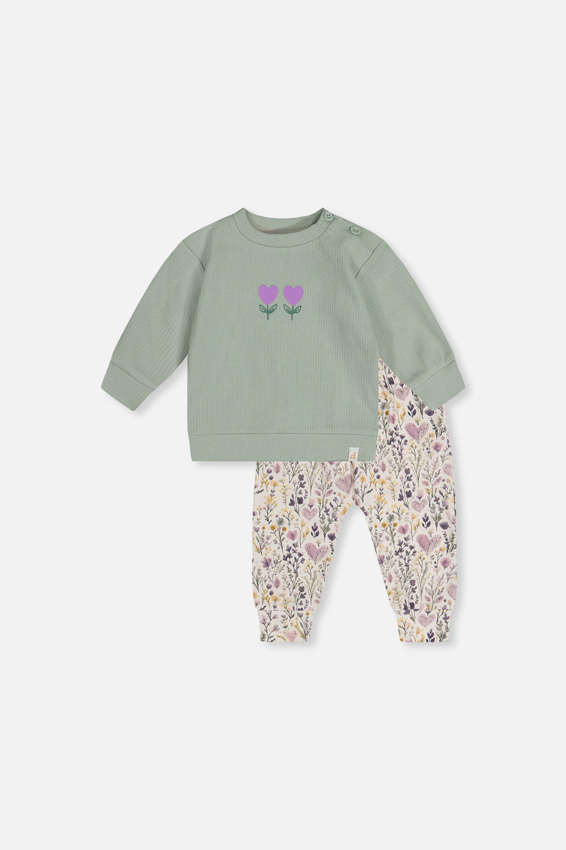 Organic Cotton Pants And Top Set Green And Beige Heart Print - Image 8