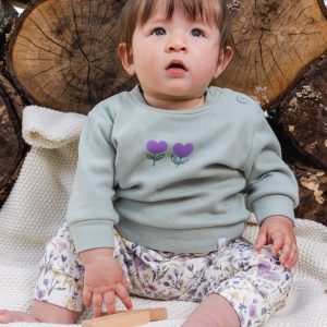 Organic Cotton Pants And Top Set Green And Beige Heart Print - Image 2