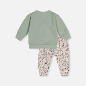 Organic Cotton Pants And Top Set Green And Beige Heart Print - Image 3