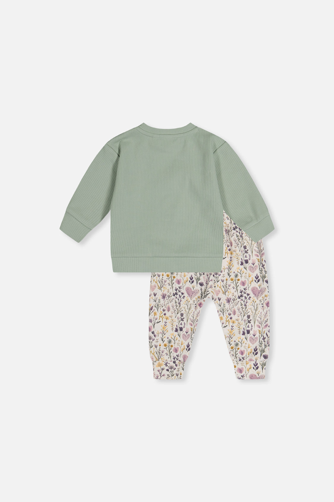 Organic Cotton Pants And Top Set Green And Beige Heart Print - Image 3