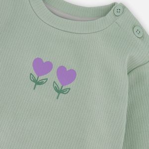 Organic Cotton Pants And Top Set Green And Beige Heart Print - Image 4