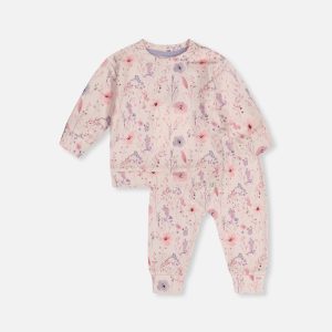 Organic Cotton Pants And Top Set Pink Printed Flowers