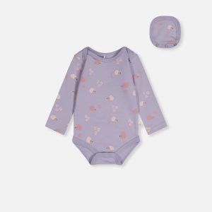 Organic Cotton Onesie Purple Hedgehog Print