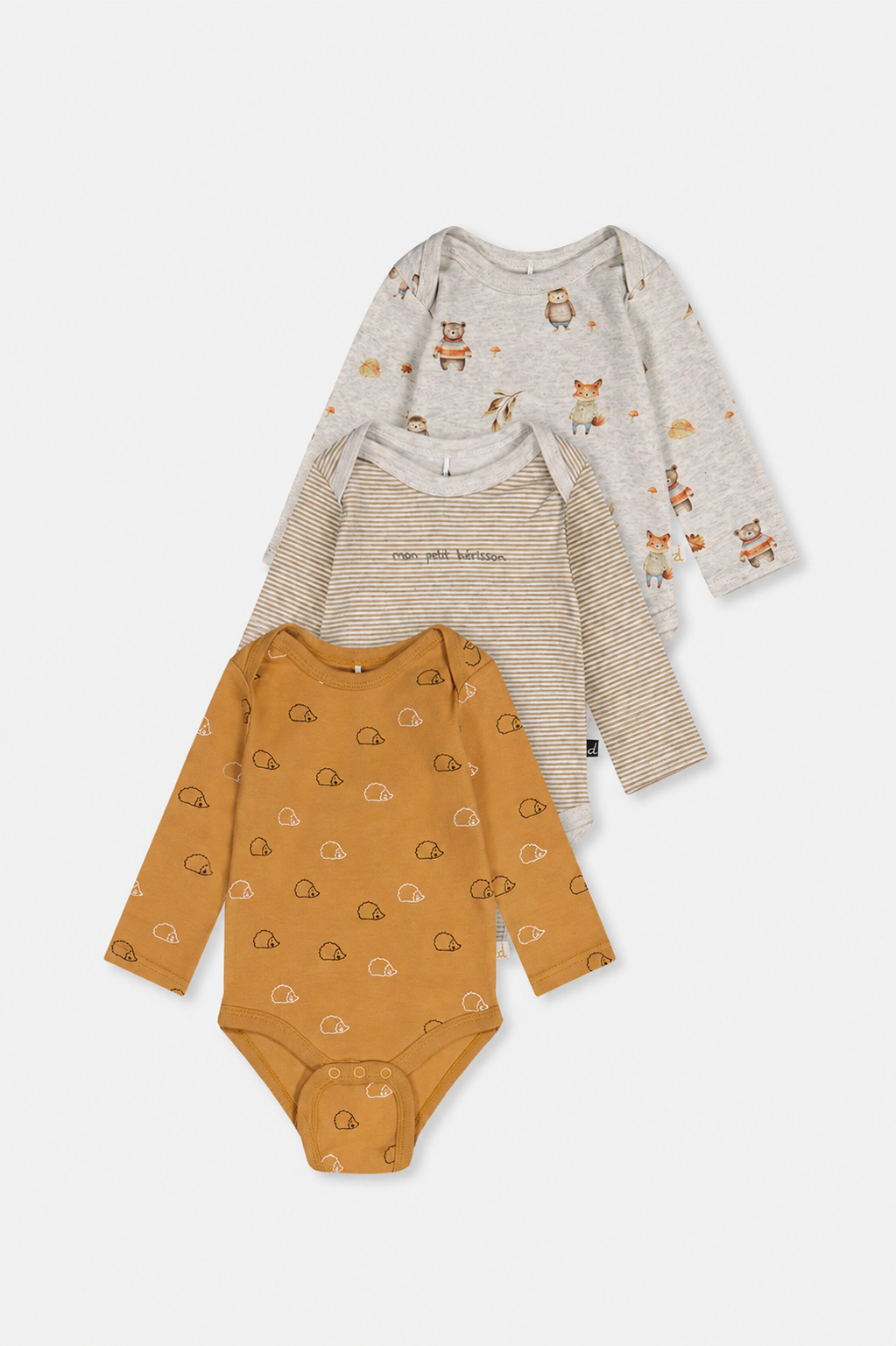 Three Pack Organic Cotton Onesie Brown Printed Hedgehogs