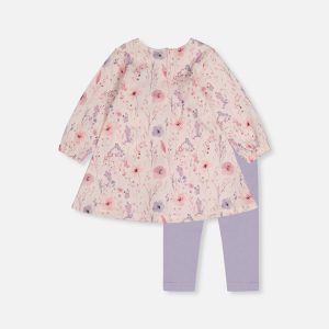 Organic Cotton Dress And Legging Set Pink Printed Flowers - Image 3