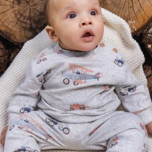 Organic Cotton Pants And Top Set Beige Printed Airplanes - Image 2