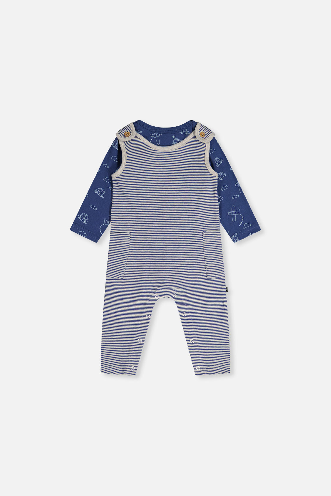 Organic Cotton Onesie With Overalls Set Blue Printed Transportation - Image 11