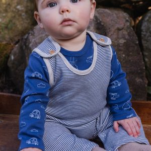Organic Cotton Onesie With Overalls Set Blue Printed Transportation - Image 2