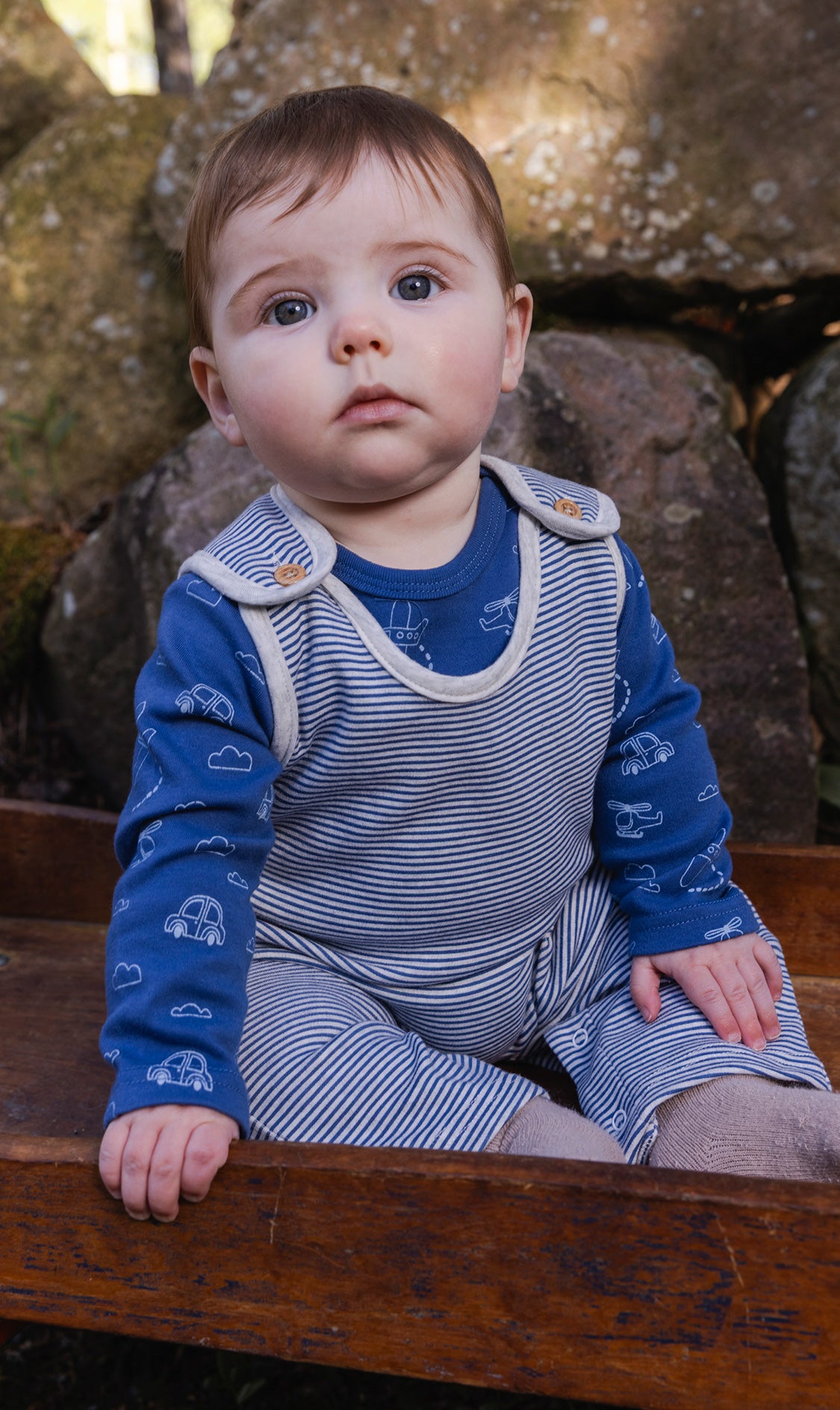 Organic Cotton Onesie With Overalls Set Blue Printed Transportation - Image 2