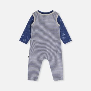 Organic Cotton Onesie With Overalls Set Blue Printed Transportation - Image 3