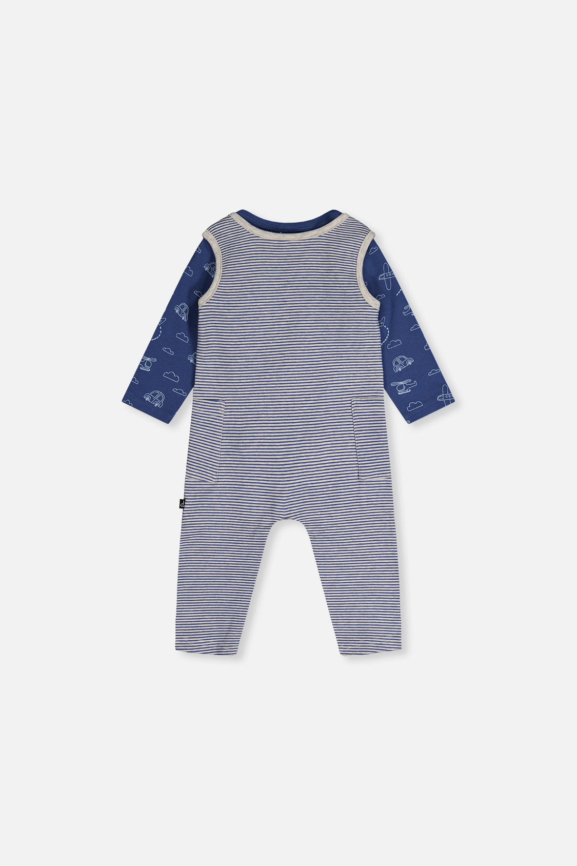 Organic Cotton Onesie With Overalls Set Blue Printed Transportation - Image 3