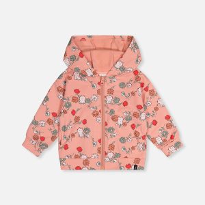 French Terry Hooded Cardigan Pink Cat Print