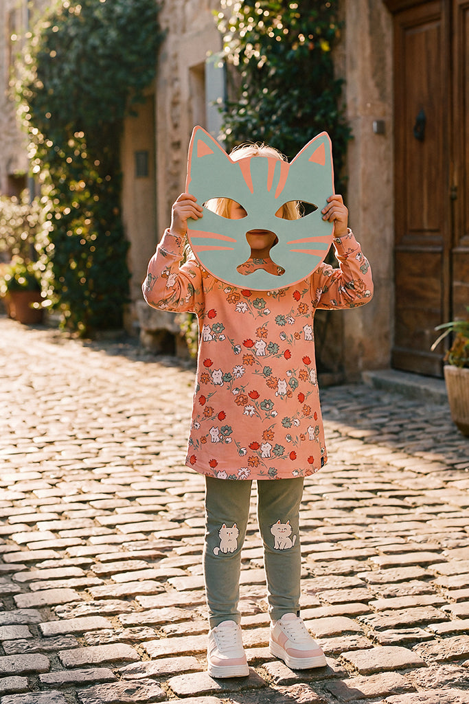 French Terry Dress Pink Cat Print - Image 2