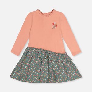 Bi-Material Dress Pale Pink And Green Floral Print