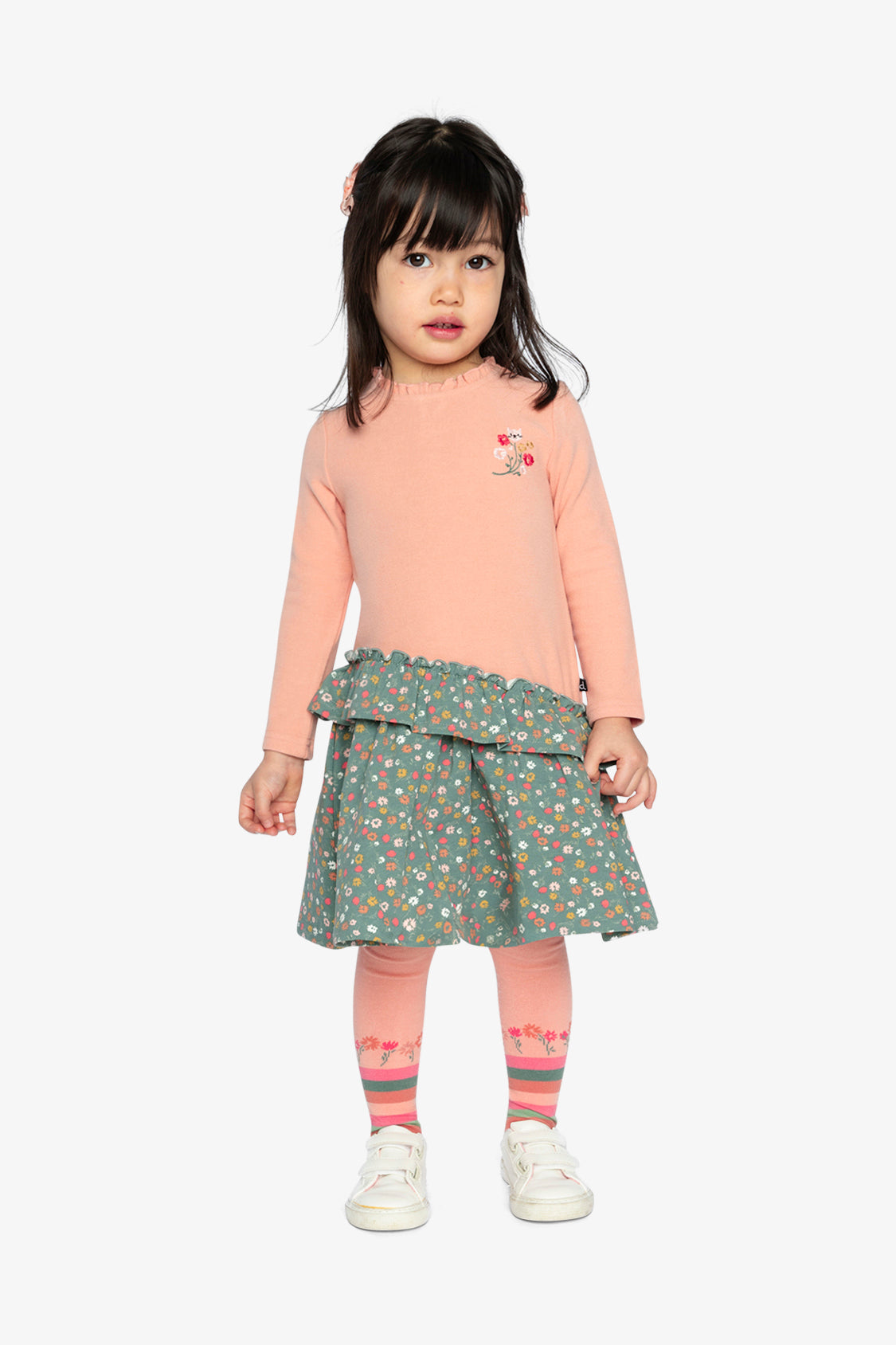 Bi-Material Dress Pale Pink And Green Floral Print - Image 2
