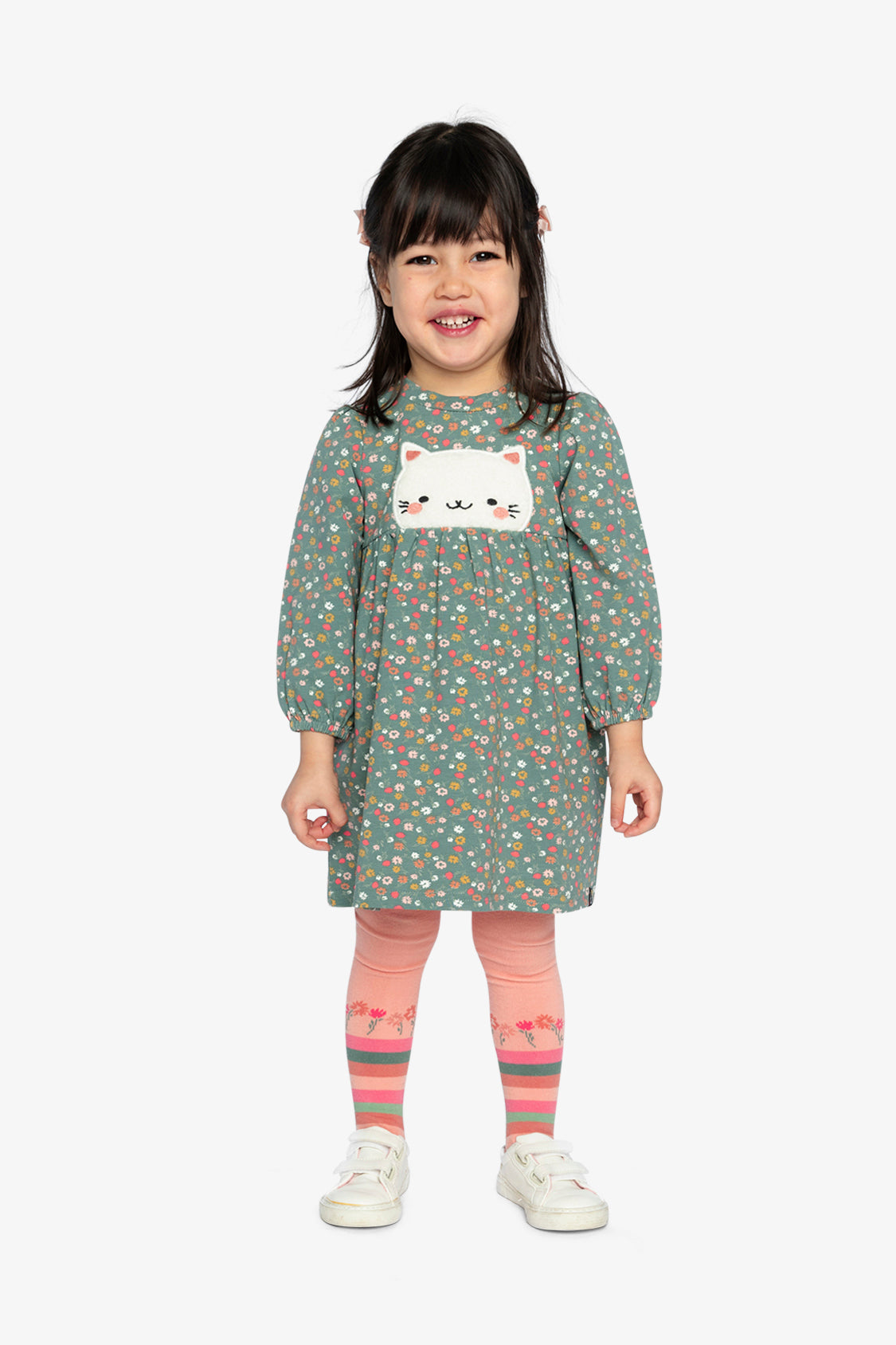 Organic Cotton Printed Dress Green Floral Print - Image 3