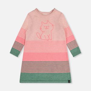 Knitted Stripe Dress Very Pale Pink And Green