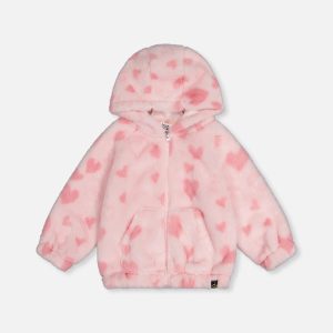 Hooded Full Zip Faux Fur Jacket Pink Printed With Hearts