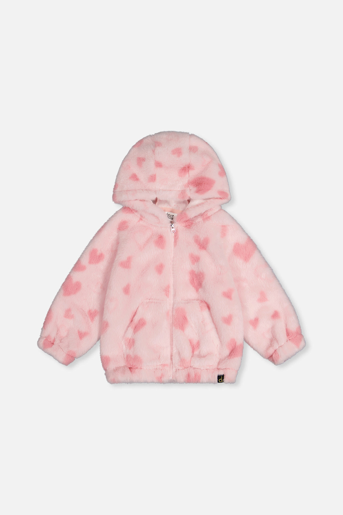 Hooded Full Zip Faux Fur Jacket Pink Printed With Hearts