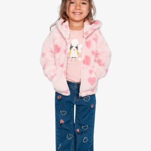Alternative view of Hooded Full Zip Faux Fur Jacket Pink Printed With Hearts