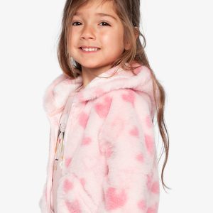 Hooded Full Zip Faux Fur Jacket Pink Printed With Hearts - Image 5
