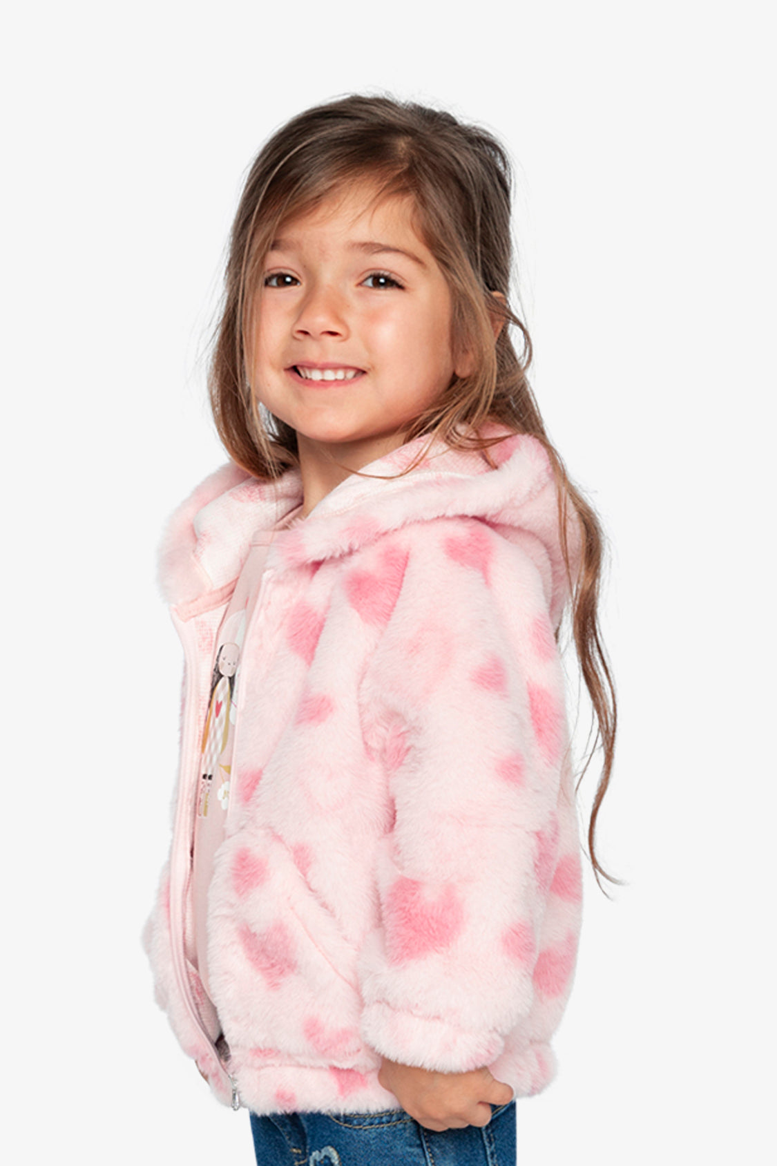 Hooded Full Zip Faux Fur Jacket Pink Printed With Hearts - Image 5