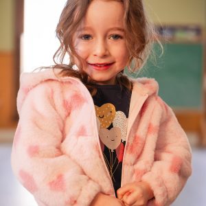 Hooded Full Zip Faux Fur Jacket Pink Printed With Hearts - Image 3