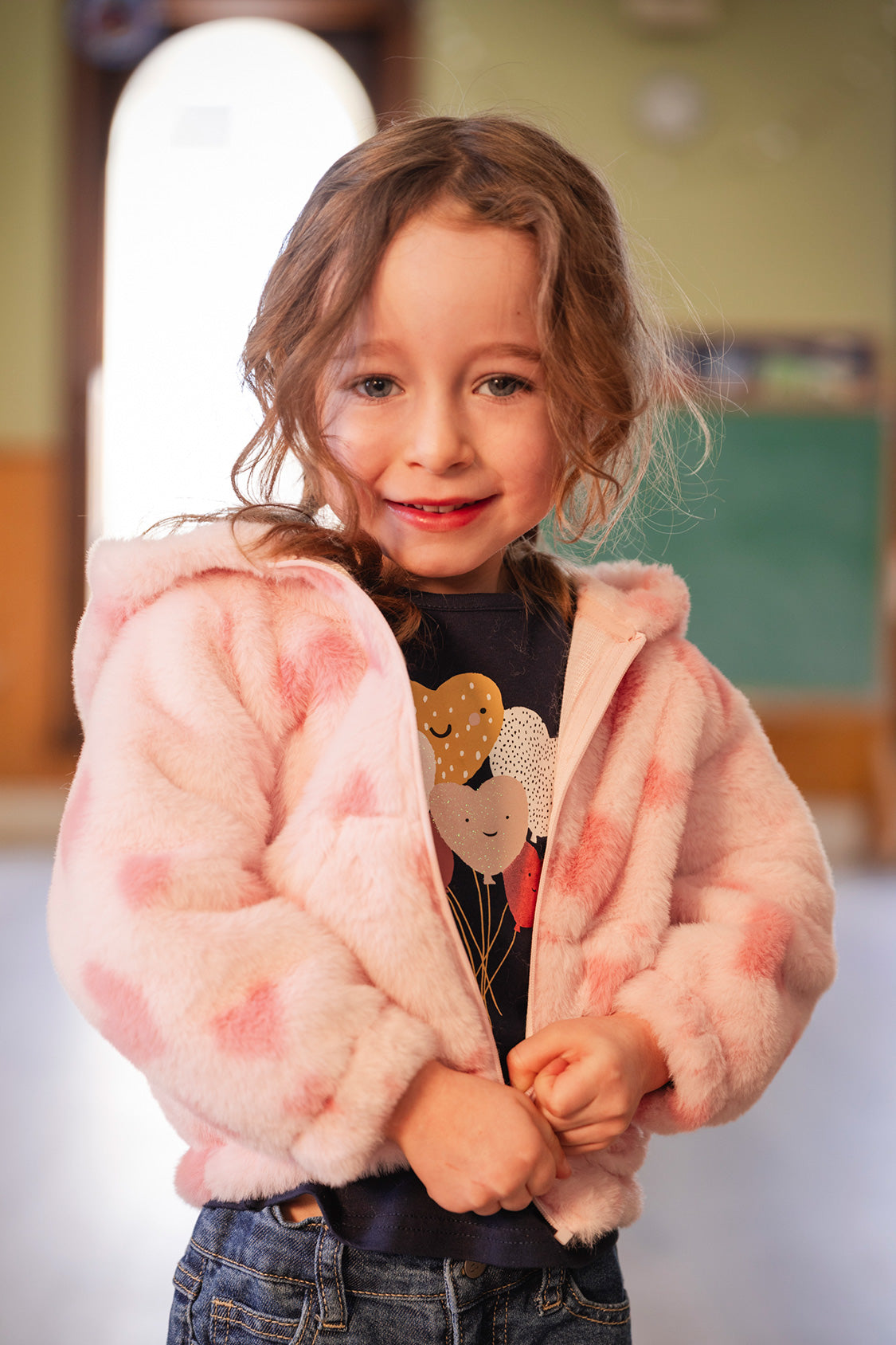 Hooded Full Zip Faux Fur Jacket Pink Printed With Hearts - Image 3