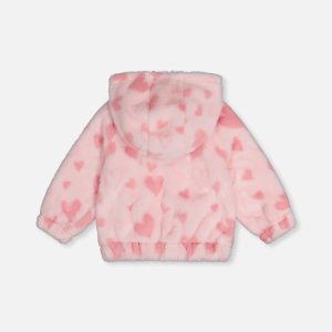 Hooded Full Zip Faux Fur Jacket Pink Printed With Hearts - Image 4