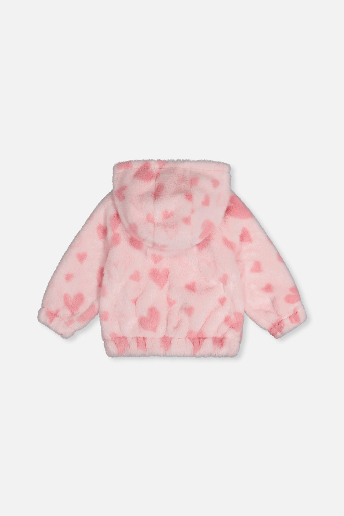 Hooded Full Zip Faux Fur Jacket Pink Printed With Hearts - Image 4