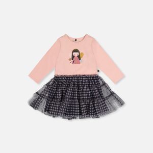 Baby Bi-Material Dress Pale Dusty Pink And Navy