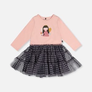 Bi-Material Dress Pale Dusty Pink And Navy