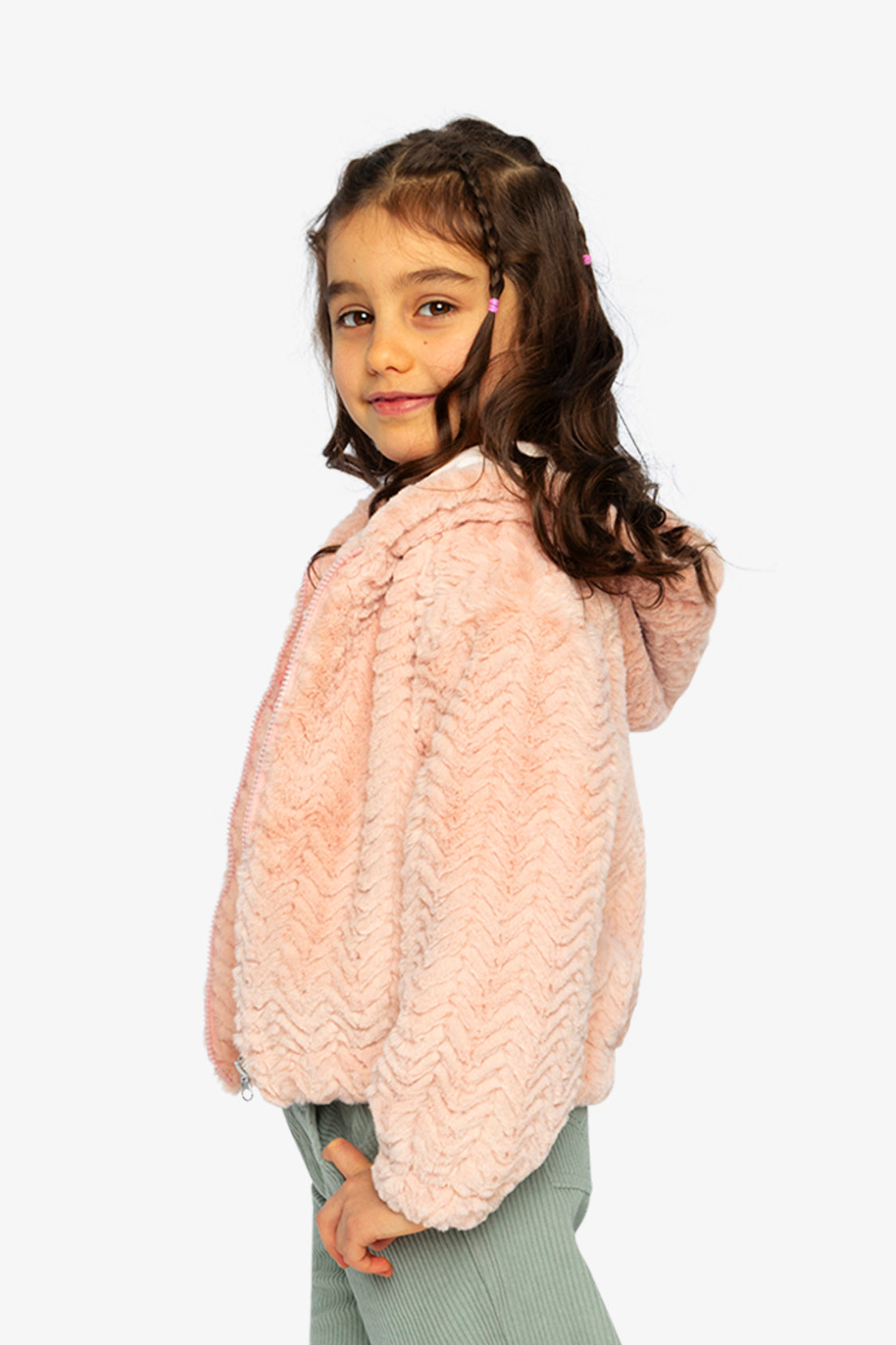 Faux Fur Hooded Cardigan Pink - Image 3