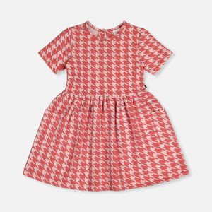 Short Sleeve Dress With Pockets Pink And White Houndstooth