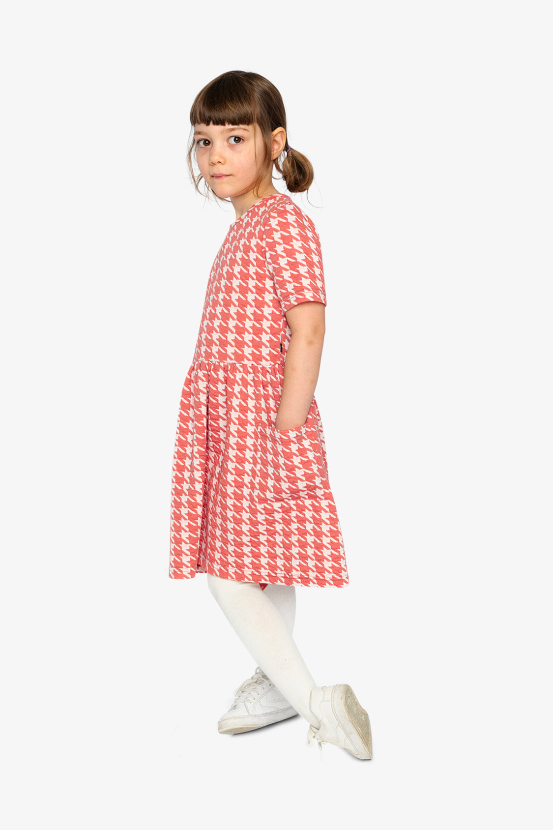 Short Sleeve Dress With Pockets Pink And White Houndstooth - Image 3