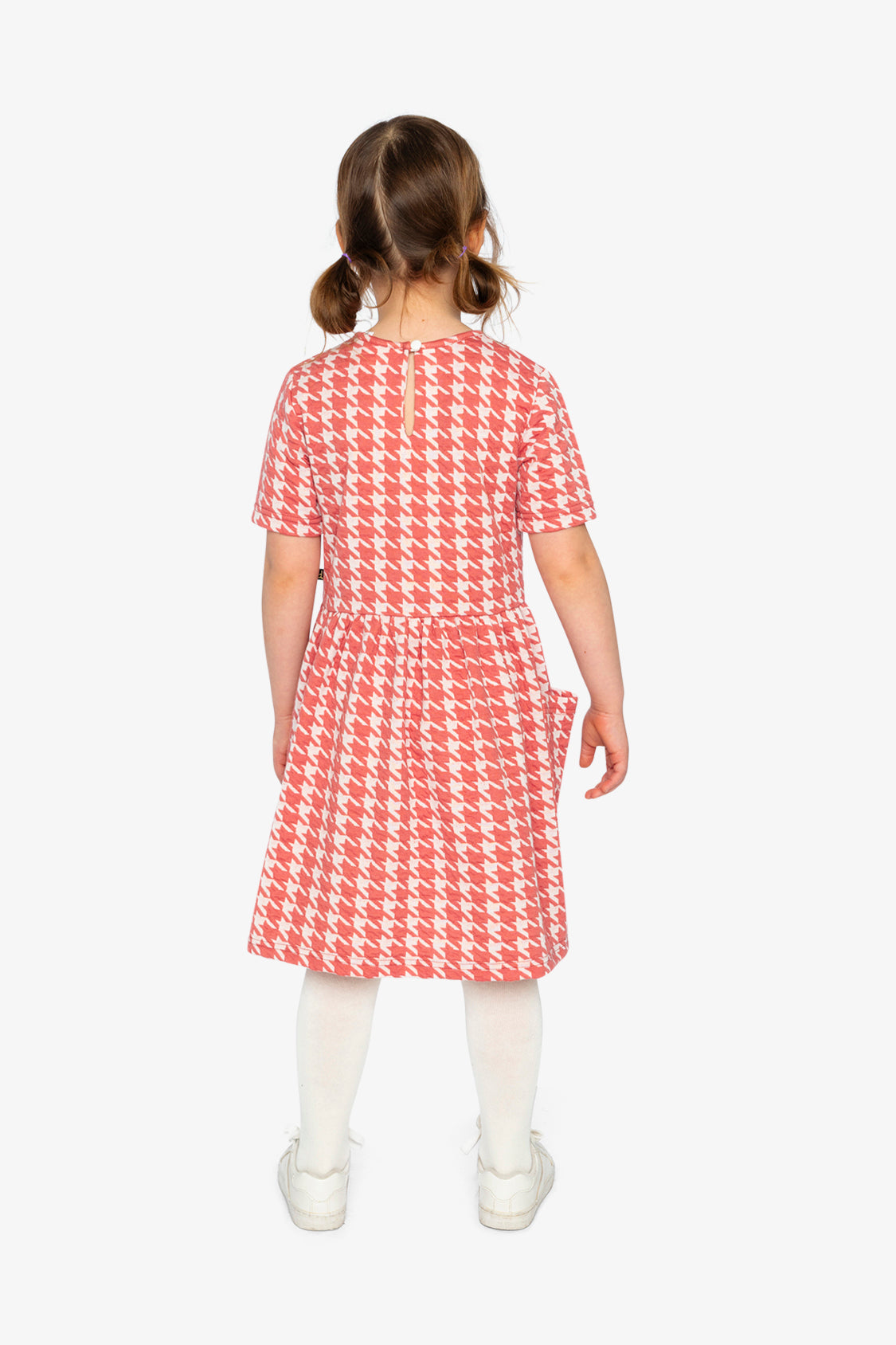 Short Sleeve Dress With Pockets Pink And White Houndstooth - Image 4