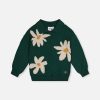 Deux par Deux knitted sweater in jasper printed green with oversized daisy jacquard and shirt collar for kids