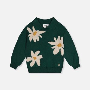 Deux par Deux knitted sweater in jasper printed green with oversized daisy jacquard and shirt collar for kids