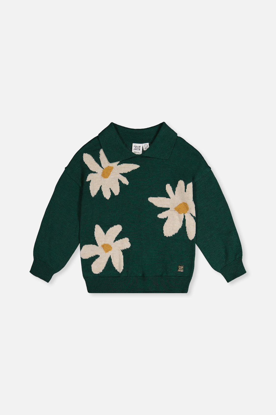 Deux par Deux knitted sweater in jasper printed green with oversized daisy jacquard and shirt collar for kids