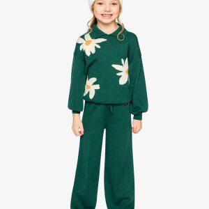Deux par Deux knitted sweater in jasper printed green with oversized daisy jacquard and shirt collar for kids