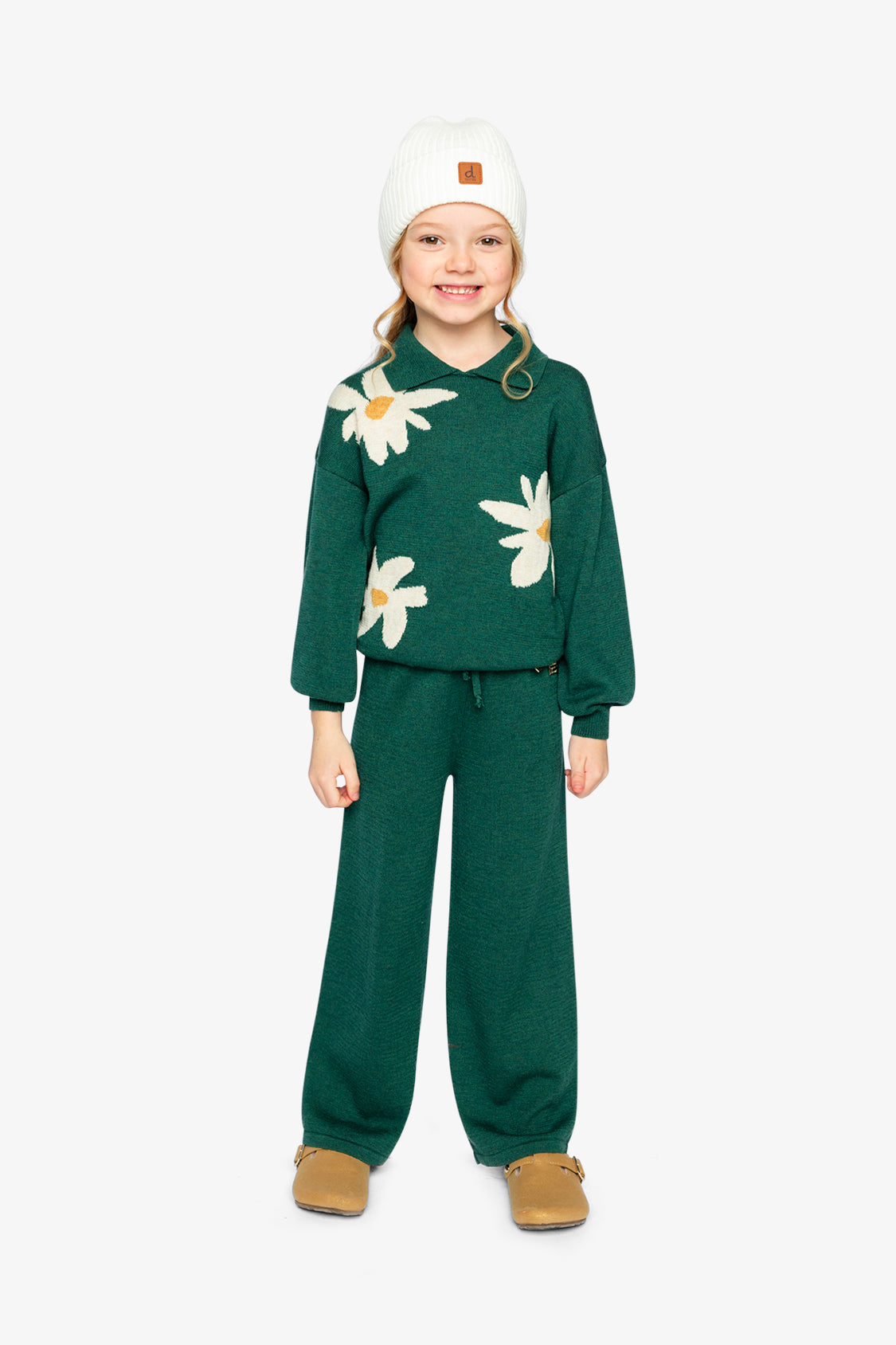 Deux par Deux knitted sweater in jasper printed green with oversized daisy jacquard and shirt collar for kids
