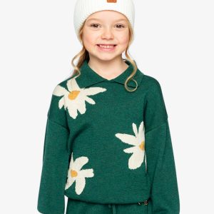 Deux par Deux knitted sweater in jasper printed green with oversized daisy jacquard and shirt collar for kids