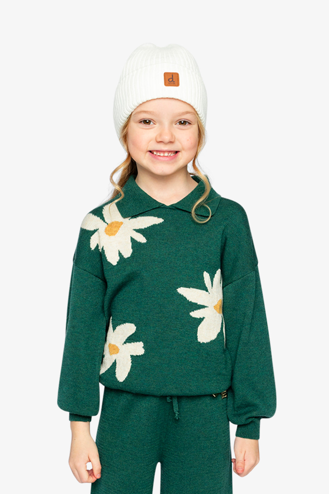 Deux par Deux knitted sweater in jasper printed green with oversized daisy jacquard and shirt collar for kids