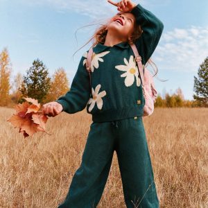 Deux par Deux knitted sweater in jasper printed green with oversized daisy jacquard and shirt collar for kids