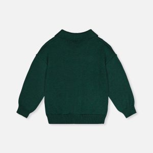 Deux par Deux knitted sweater in jasper printed green with oversized daisy jacquard and shirt collar for kids