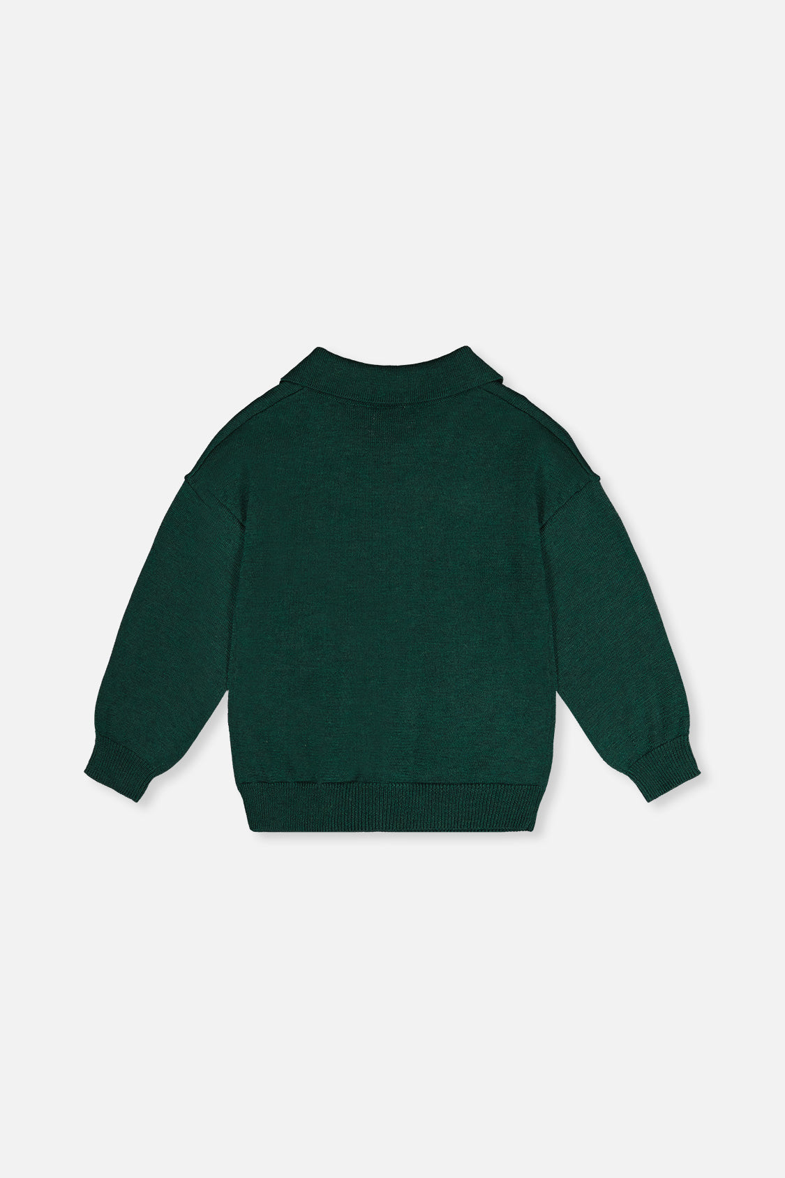 Deux par Deux knitted sweater in jasper printed green with oversized daisy jacquard and shirt collar for kids